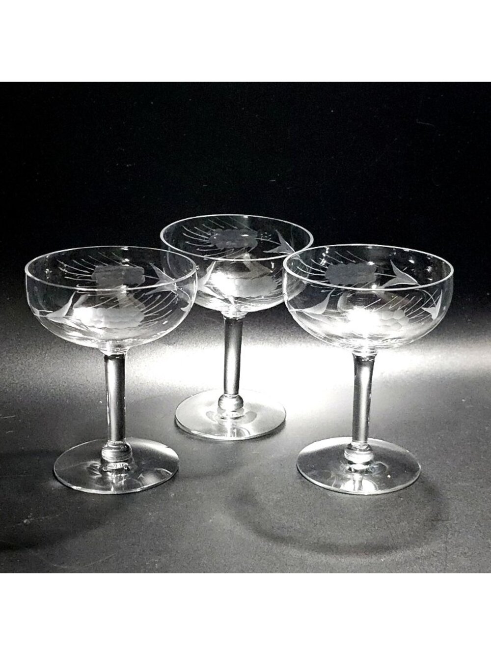 3 Javit Fine Wheat Champagne Coupe Glasses 5" etched vintage barware 1950s